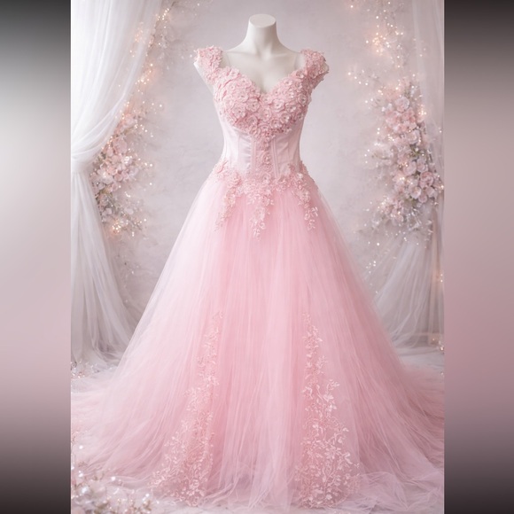 Lavetir Pink Prom Ball Gown Sz 16 Floral Tulle Satin Corset Formal Dress NWOT - Picture 2 of 9